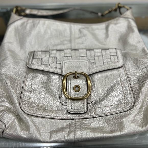 Coach LTD. ED Bleecker Platinum Metallic Woven Pocket Leather Hobo Tote Bag RARE - Picture 2 of 2